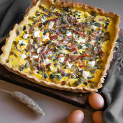 Une image de Quiche Printanière de Lorraine : Pâte Brisée, Oeufs, Lardons, Crème Fluide, Champignons de Paris et Courgettes - image générée par IA (DALL-E)