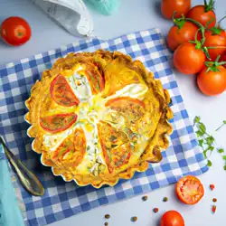 Une image de Quiche savoureuse au saumon, fromage de chèvre et tomates de Provence - image générée par IA (DALL-E)